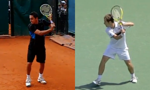 Almagro (left) and Gasquet (right) in their chambered positions on the backhand