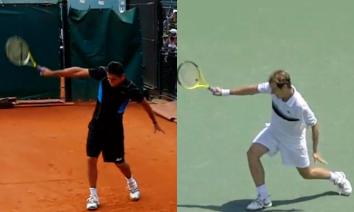 Almagro (left) and Gasquet (right) mid-way through their follow-through