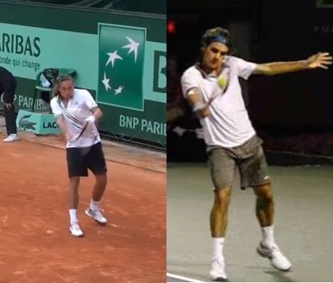 Dolgopolov (L) and Federer (R) slice backhands at contact