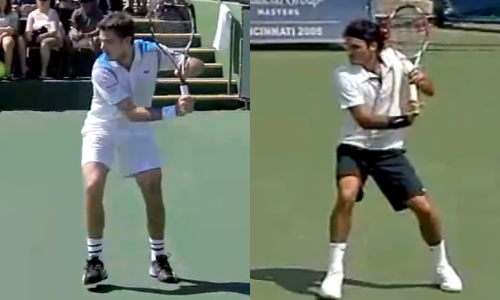 Wawrinka (left) and Federer (right) in the chamber position on their one-handed backhands