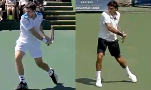 Wawrinka (left) and Federer (right) reach the bottom of their swing