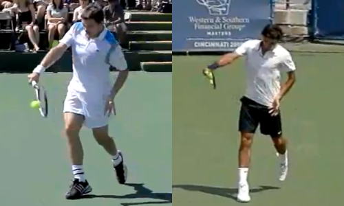 Wawrinka (left) and Federer (right) at contact