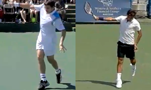 Wawrinka (left) and Federer (rigth) post-contact