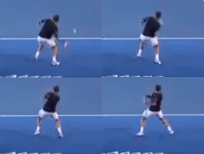 Wawrinka jumping while hitting a forehand