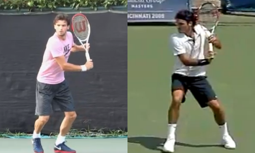 Initial shoulder turn and racket preparation for Dimitrov (L) and Federer (R) on the backhand