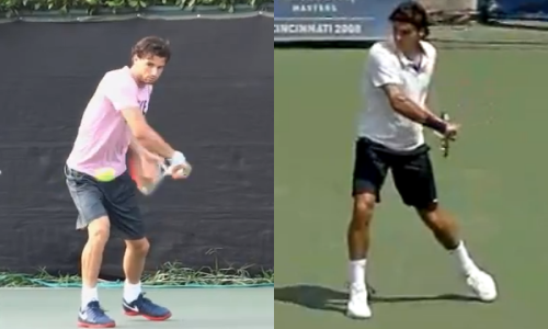 The racket drop on the backhand for both Dimitrov (L) and Federer (R)