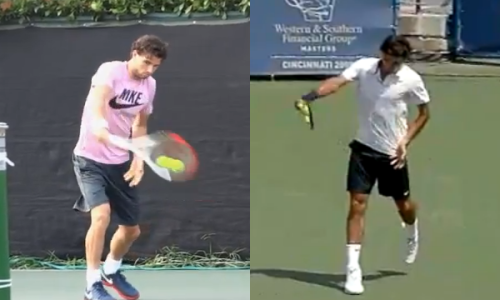 The backhands of Dimitrov (L) and Federer (R) at contact