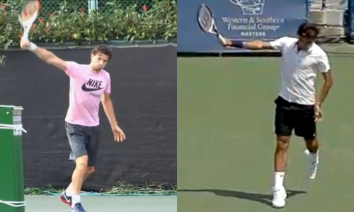 The backhand follow-through of Dimitrov (L) and Federer (R)
