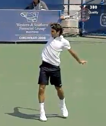 Federer with an extremely open finish on a one-handed backhand