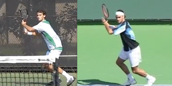 Dimitrov (L) and Federer (R) as they begin their take-back