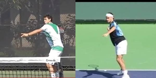The rackets of Dimitrov (L) and Federer (R) begin to drop