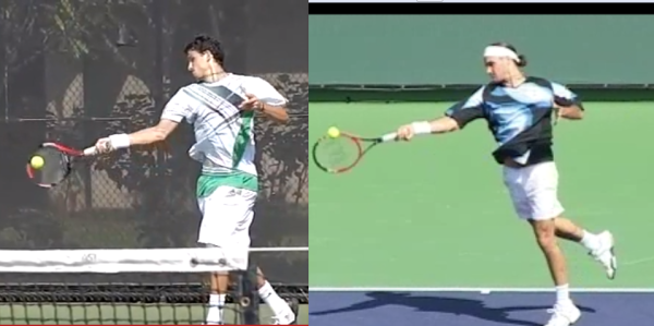 The forehands of Dimitrov (L) and Federer (R) immediately before contact