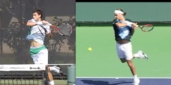 The follow-through of Dimitrov (L) and Federer (R) on the forehand