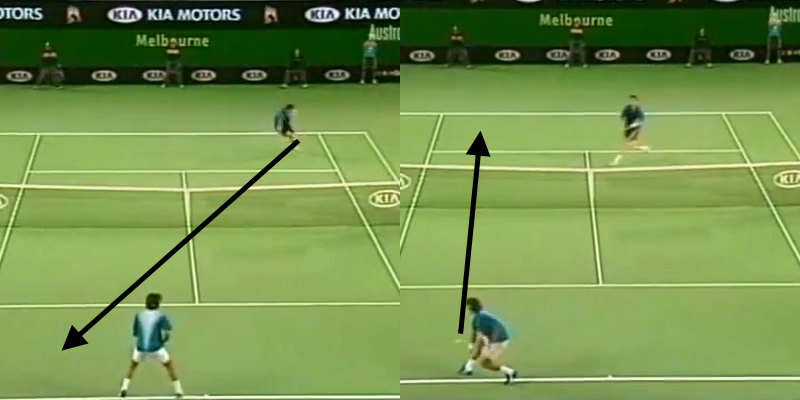 Safin approaches cross-court off the short Federer slice