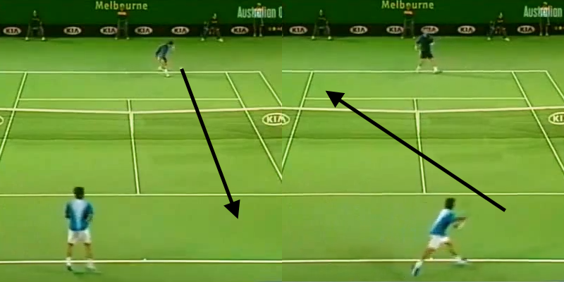 Safin slices the ball down the line into the Federer forehand