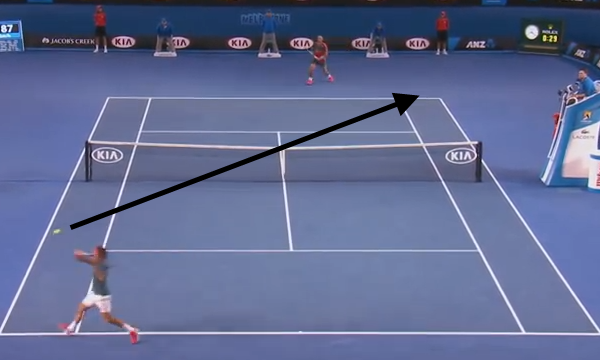 Federer uses a hard slice to make Nadal hit from wide on the run