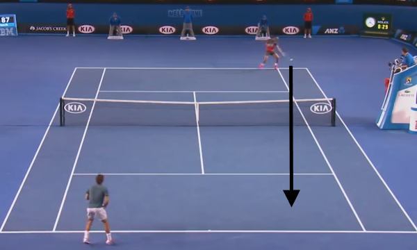 Nadal plays a ball into Federer's forehand